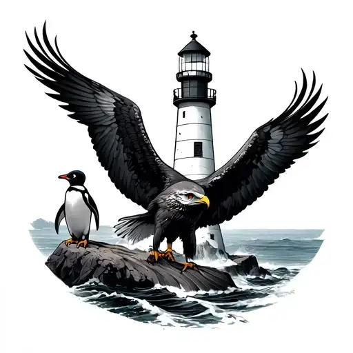 Lighthouse With Eagle And Penguin