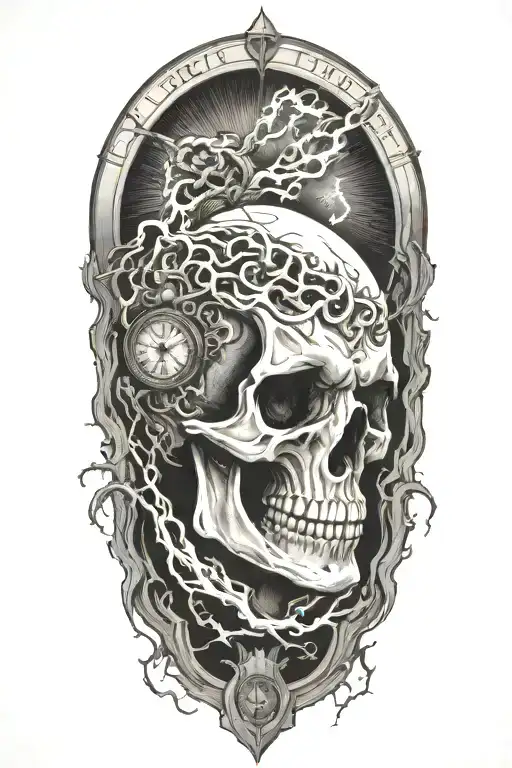 Skull And Lightining Storm And Time And Nature