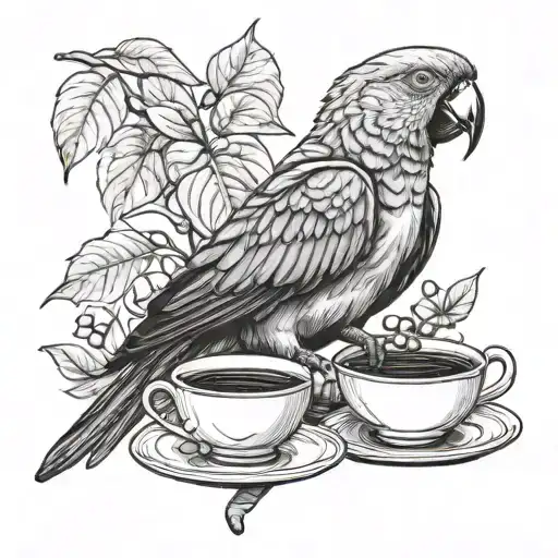Coffee And Parrot Sitting And Beans