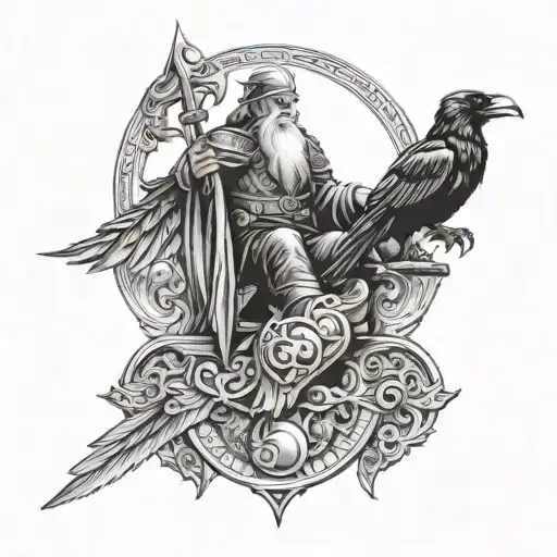 Odin With Raven And Drakkar