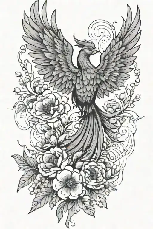 Fine Line Phoenix With Gemini Symbol And June Birth Flowers