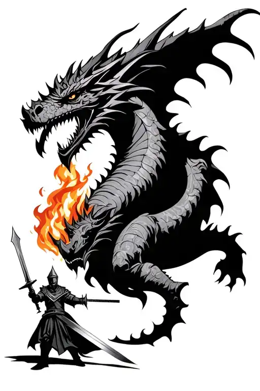 Small Knight Swinging Sword At Large Dragon Breathing Fire