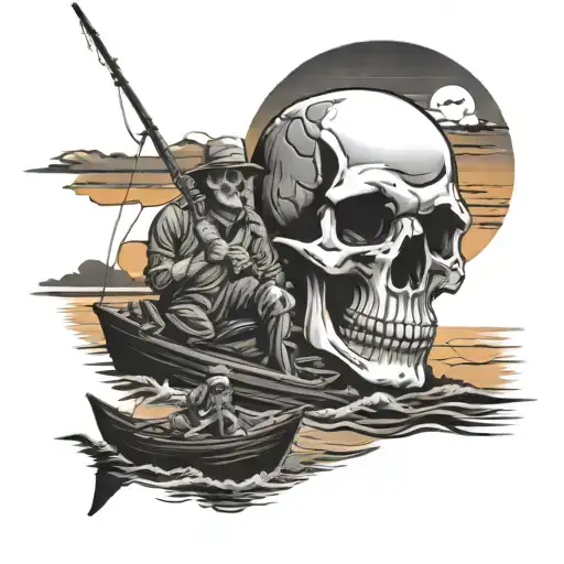 Skull Head With A Sunset With Two Men Fishing On A Boat In The Skull