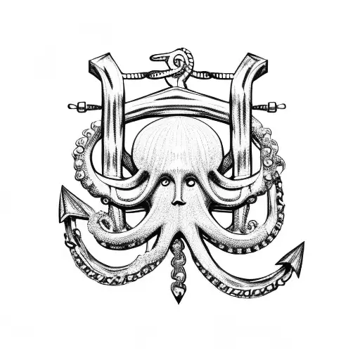 Boat With Anchor Chain And Octopus Climbing Up Chain