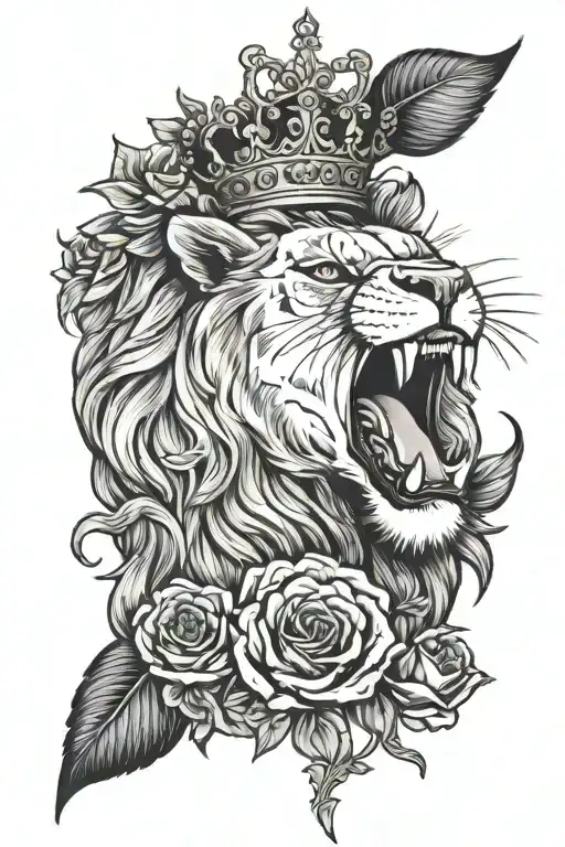 Lion Roaring Mouth Open With Crown Surrounded By Roses