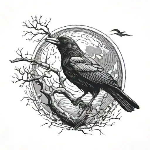 Crow On A Tree Branch With A Full Moon And Ocean Waves