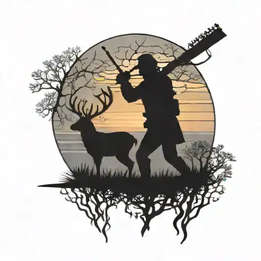 A Silhouette Of A Hunter Aiming At A Deer In A Beautiful Sunset Backdrop