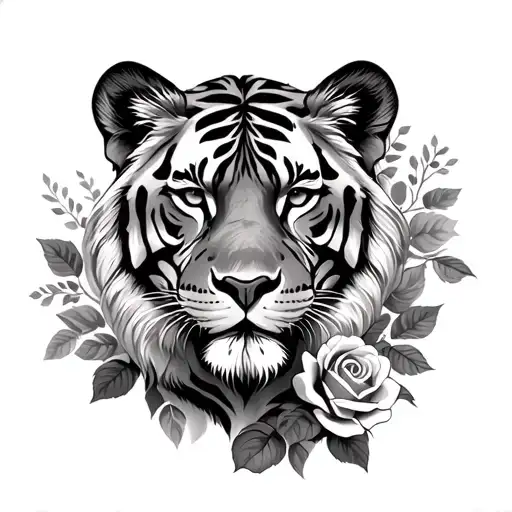 Tattoo Of Tiger Or Lion Face With Some Roses