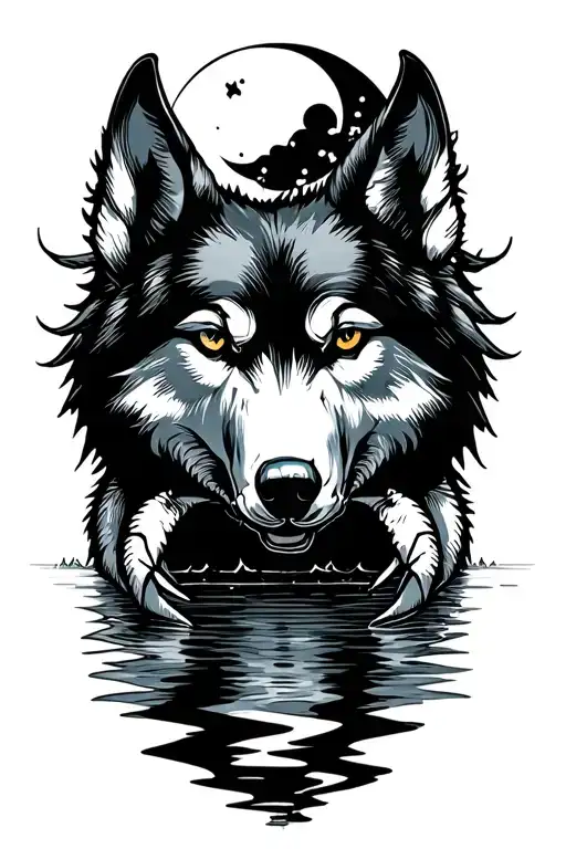 Crab Wolf And Moon By Water