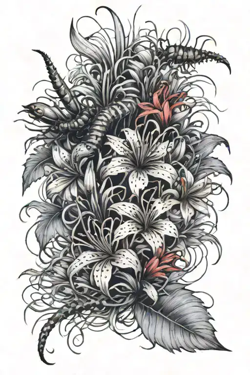 Centipede And Red Spider Lilies Blooming Along