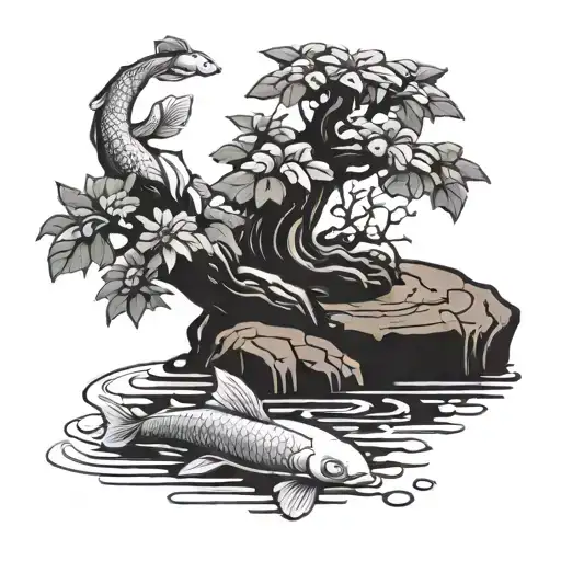 Bonsai Tree In Water With Koi Fish Swimming