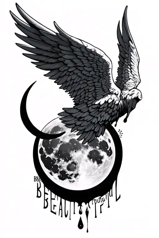 Angel Wings Spread Wide With A Full Moon And Teardrop Falling And It Says Broken But Beautiful