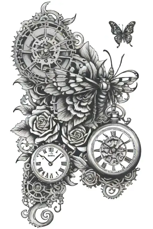 Death Moth Roses Pocket Watch Surrounded By Gears