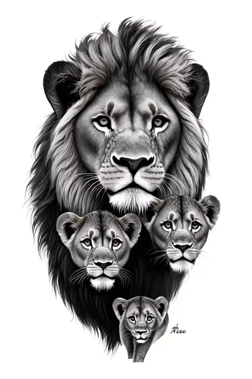 Lion Male And Female With 2 Cubs Face Only