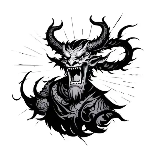 Japanese Demon With Traditional Style Back Rays