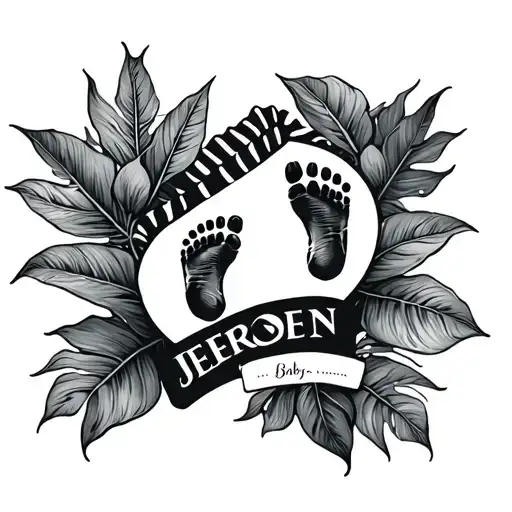 Tattoo Design With Tropical Leaves And The Name Jeroen And Baby Footprint