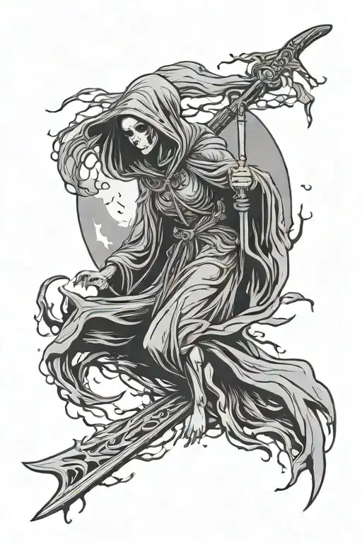 Feminine Grim Reaper Stormy Night Sky