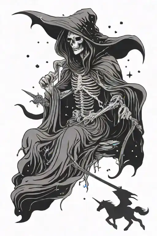 Feminine Grim Reaper Stormy Night Sky Filled With Constellations