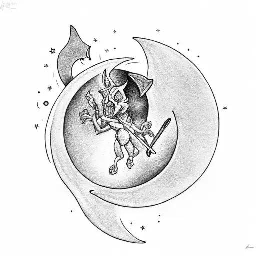 A Crescent Moon With A Demon Protecting It