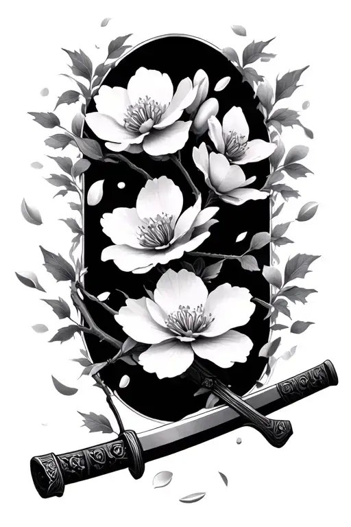 Cherry Blossom Petals Falling On Katana