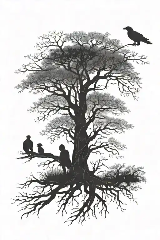 Silhouette Willow Tree With Dad And Daughter Leaning On The Tree With An Eagle And Geeko