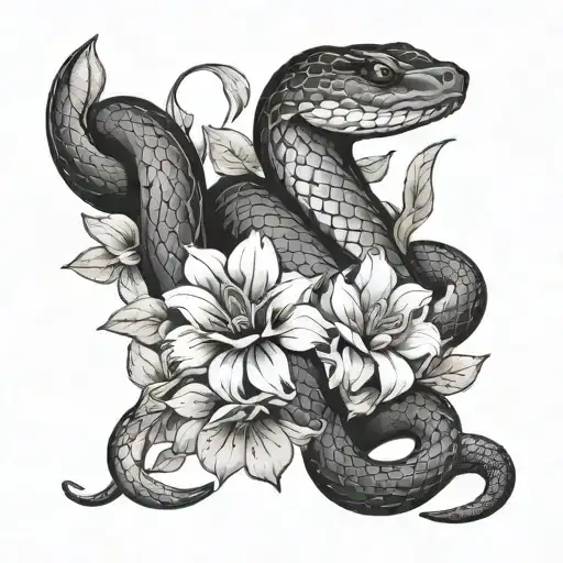 Snake And Flowers Tattoo Sketch Black And White