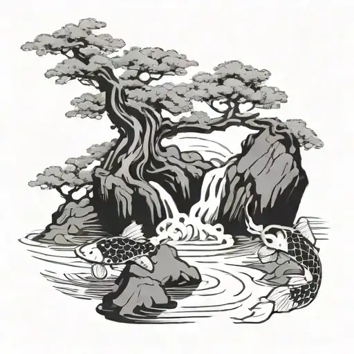Bonsai Tree In Water With Koi Fish Swimming Upstream
