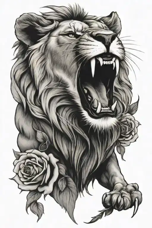 Lion Roaring Mouth Open On Roses