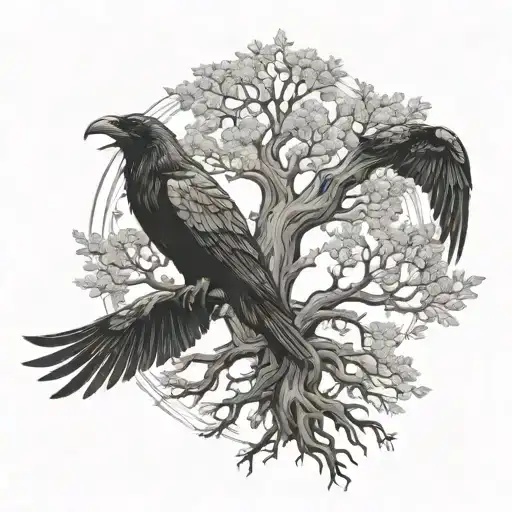 Yggdrasil Tree With Two Small Ravens Huginn And Muninn Flying