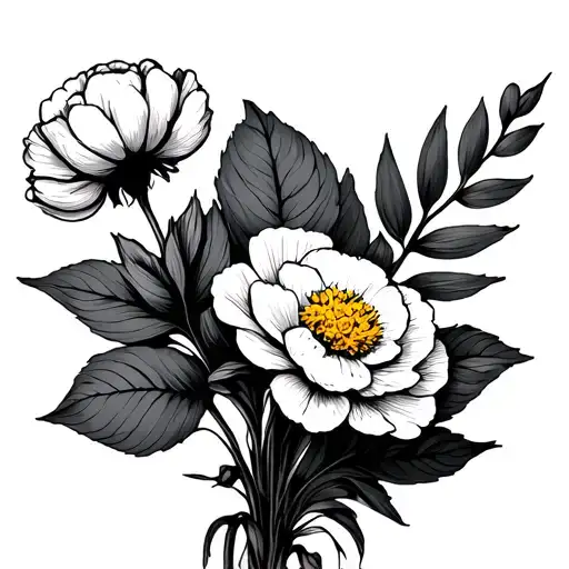 A Bouquet With A Immortelle Flower And A Cotton Black And White Minimal Only Lines