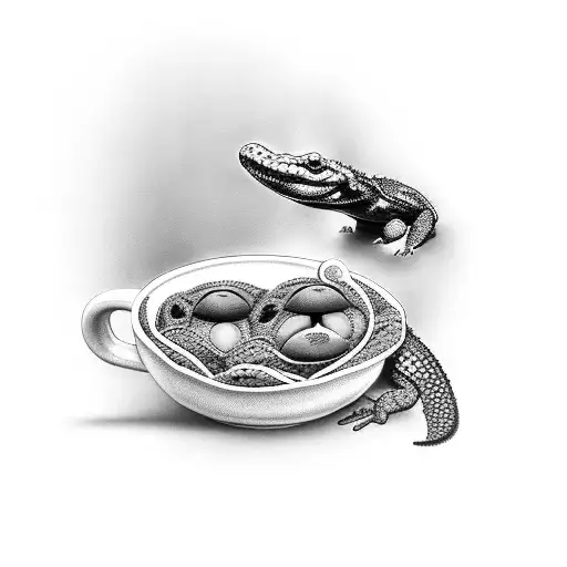 A Black-grey Tattoo Of A Mother Reptile Protecting Her Eggs In A Coffee Mug Nest