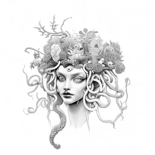 Medusa Head Witch With Flowers And Greenery Surrounding
