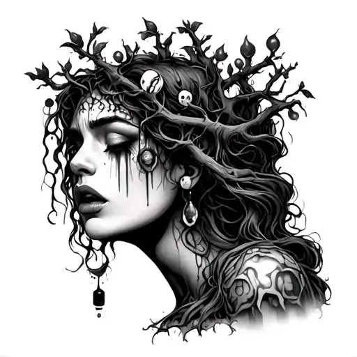 Mudusa Lady Crying With A Poison Tree That Represents Anger