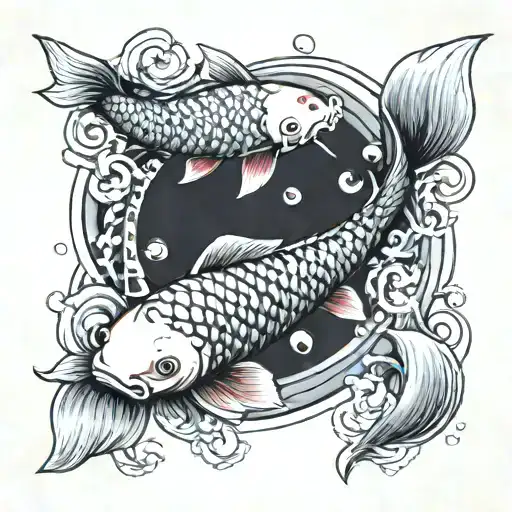 Koi Fish And Red Moon Surrounded