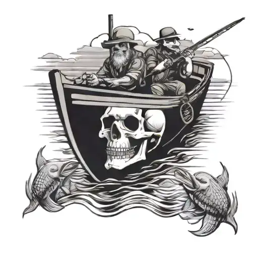 Greatful Dead Skull With 2 Men Fishing On A Boat With A Sunset