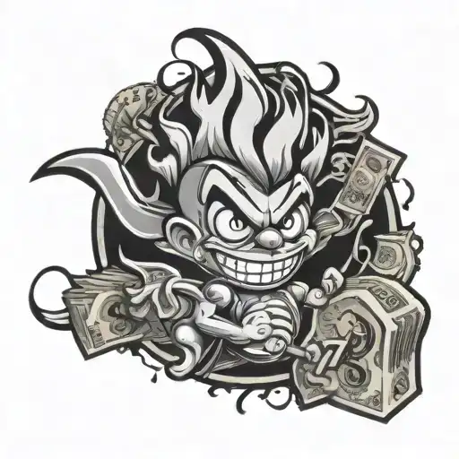 Money An Wordsd Flames With Cartoon Character Holding