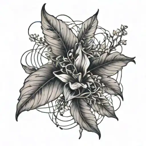 A Black-grey Tattoo Of A Papalia Plant Intertwined With Cool Abstract Shapes