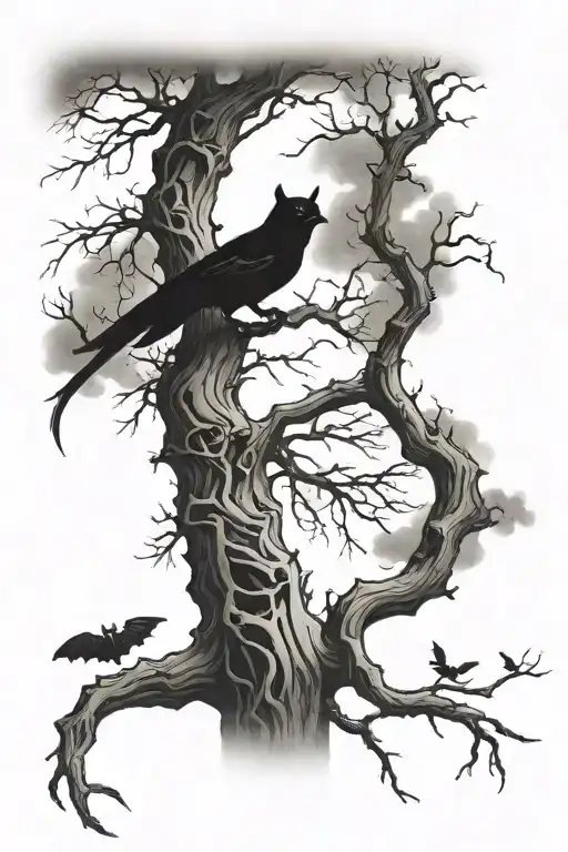 Tree Branching Out With Black Smoke And Bats