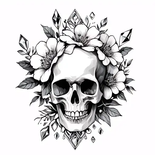Skull And Crystals And Flowers