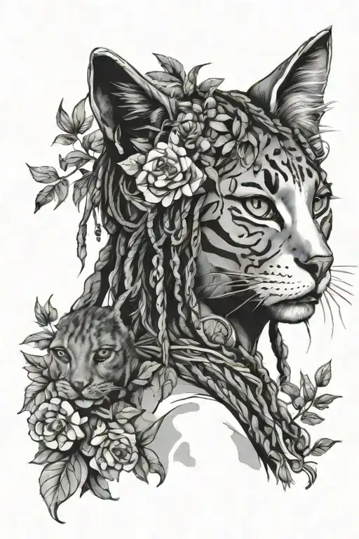 Cats Around Nature And Black Women Face With Dreadlocks