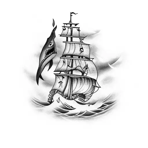 A Traditional Tattoo Of A Pirate Ship Sailing Through Stormy Waters With A Shark Swimming Alongside