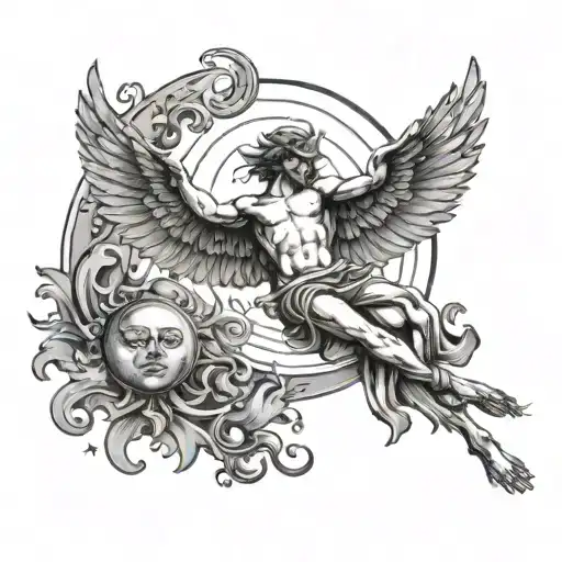 Icarus Falling With Sun And Moon Surrounded