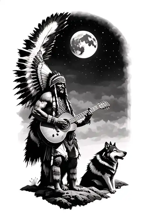 Native American Chief Playing A Guitar On The Moon While The Wolves Howl At Him