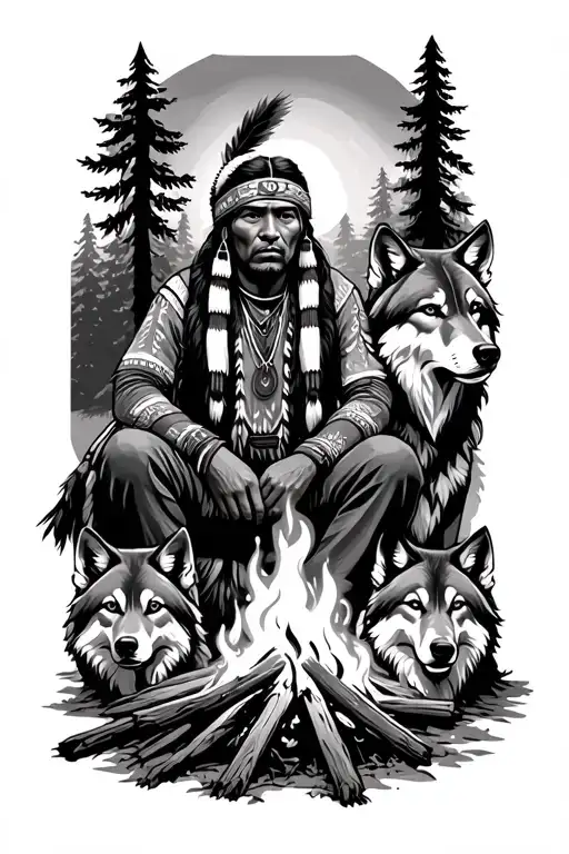 Native American Sitting By A Campfire With A Pack Of Wolves