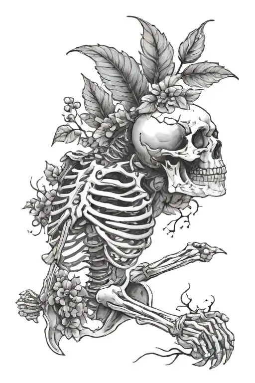Skeleton At Its Side With Leaves Growing Out Of It