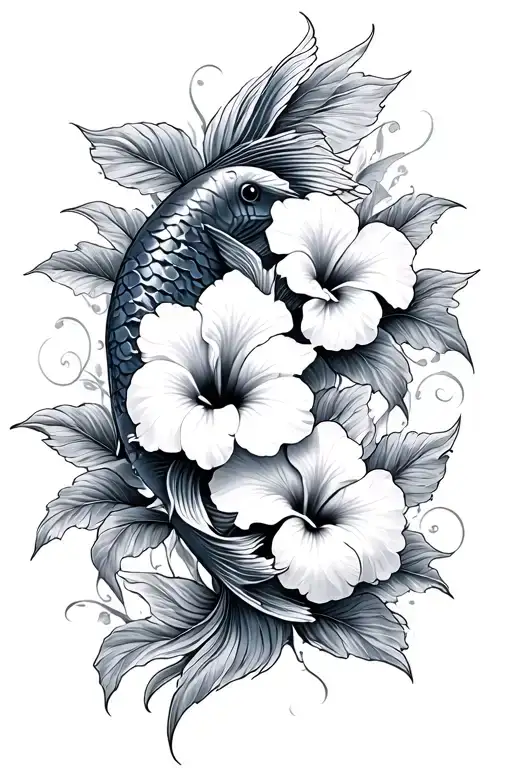 Hibiscus Flowers With Koi Fish Intertwined