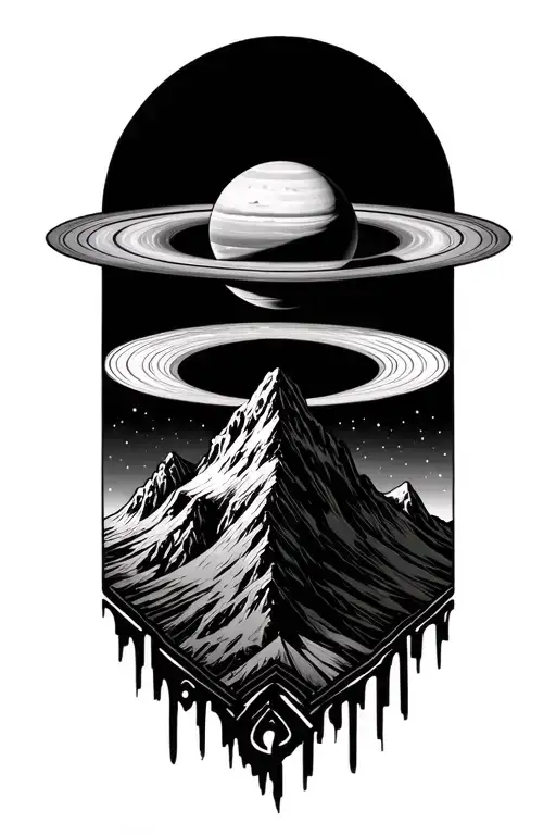 Forming Saturn On Top Of A Mountain Peak Surrounded With Patterns
