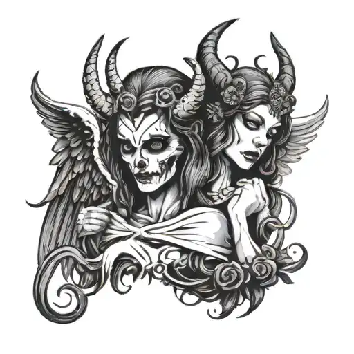 Death Character Devil Horns Holding An Female Angel