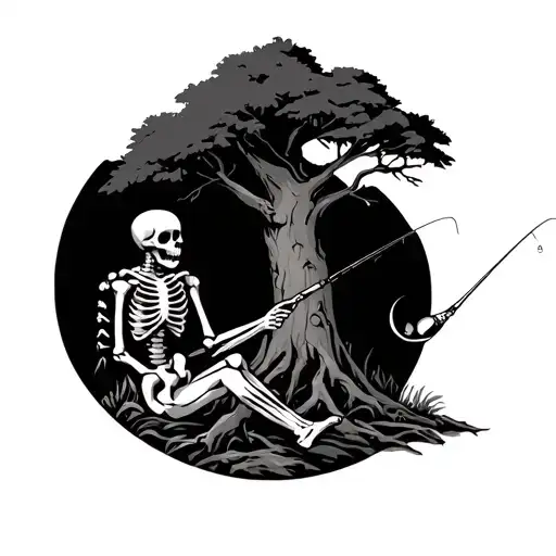 Skeleton Sitting By A Tree Fishing Father Time