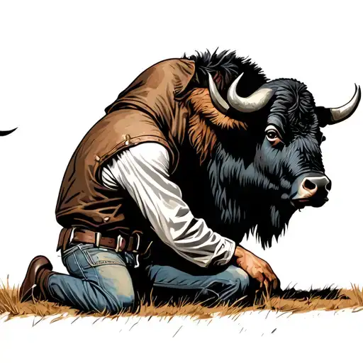 Cowboy Kneeling In A Buffalo